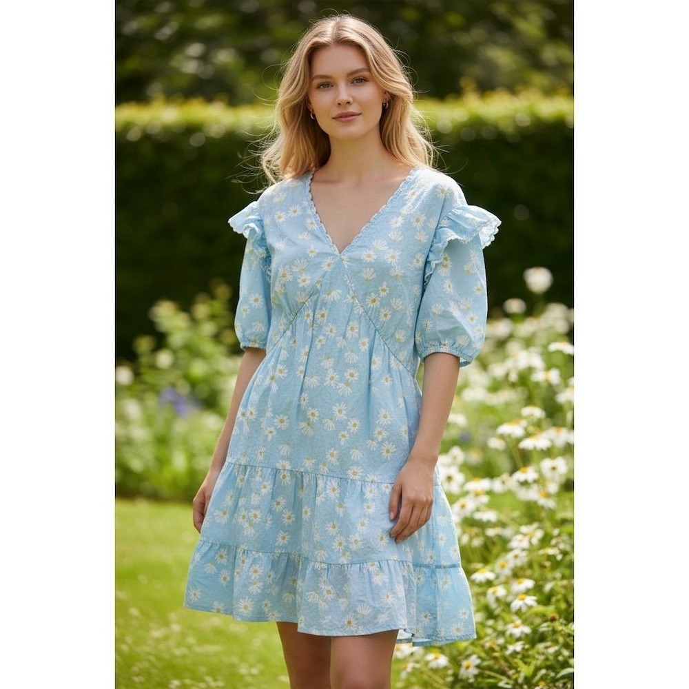 Simply Southern Women's XL Blue Daisy Tunic Dress V-Neck Knee Length Cottagecore